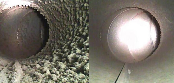 This image shows the before and after of an air duct that was cleaned.