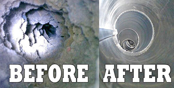 This image shows the before and after of an air duct that was cleaned.